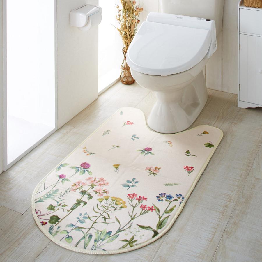 割り引き ボタニカル柄のトイレマット アイボリー 約60 80cm
