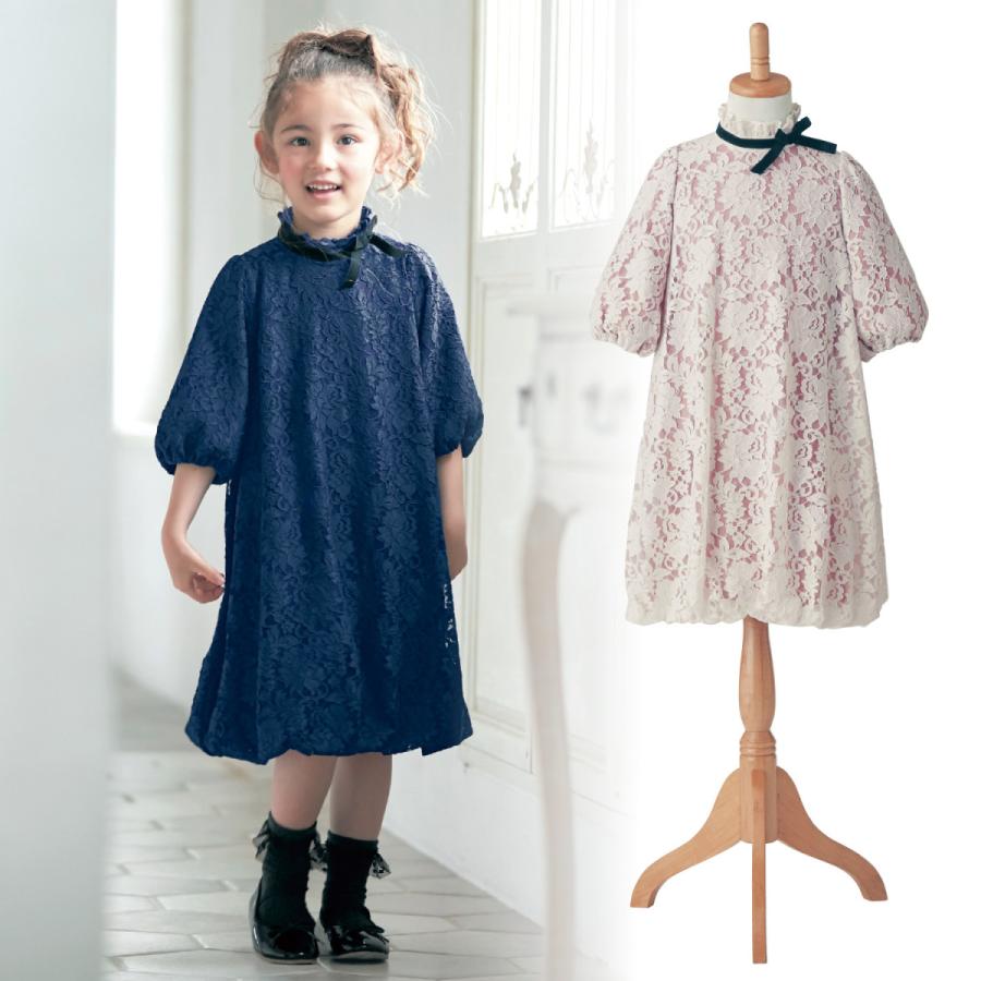 襟元リボン総レースワンピースドレス ネイビー 140 150 F 002 ベルメゾン Yahoo ショッピング店 通販 Yahoo ショッピング