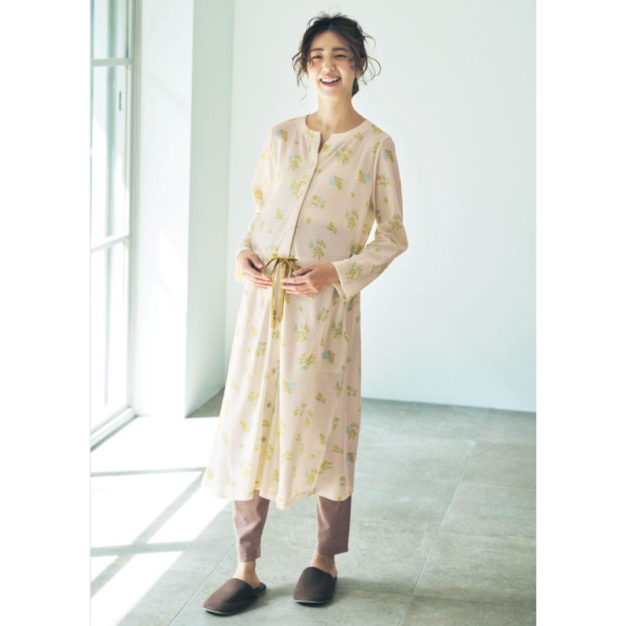 入院準備に マタニティサイズミモザ柄長袖ワンピース レギンスパジャマ アイボリー マタニティm マタニティl 名入れ無料