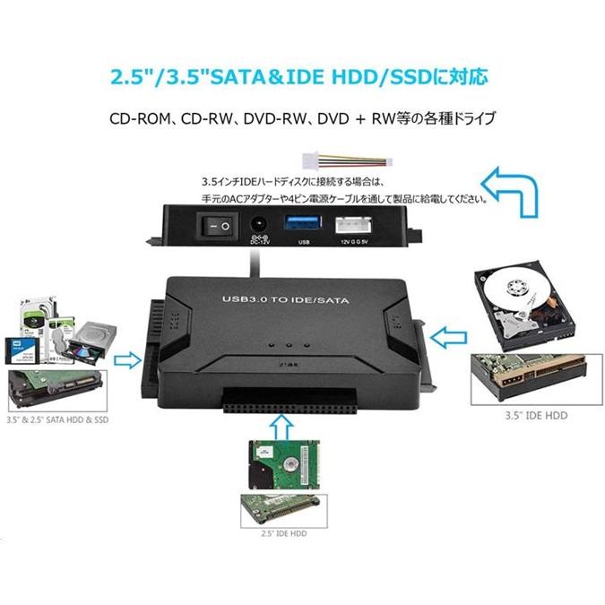 IDE/SATA USB変換アダプター 2.5/3.5インチ SATA IDE HDD SSD 光学ドライブ対応 最大6TB ハードディスク usb3.0変換ケーブル 5Gbps高速転送｜belleperle-store｜02