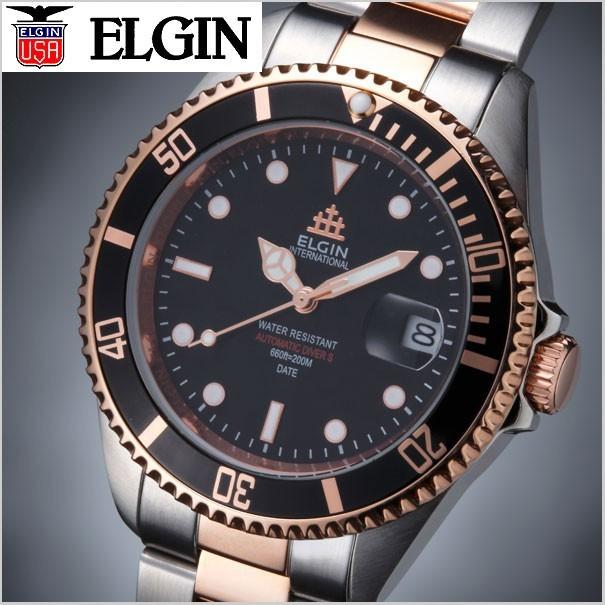 エルジン ELGIN 紳士用腕時計 自動巻き機械式（日本製ムーブメント） 20気圧ダイバーズ コンビネーション x ブラック FK1405PS