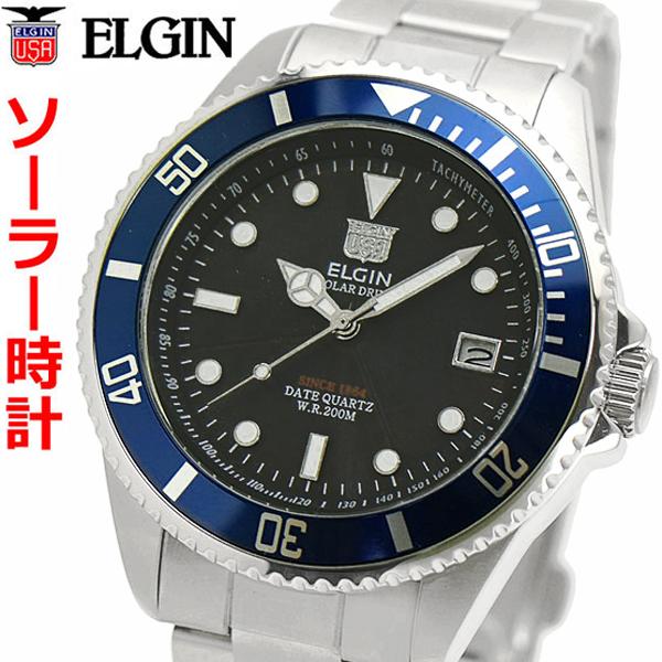 超人気の ソーラー ELGIN エルジン ダイバー腕時計 FK1426S-BL2 ブルーベゼル ブラック文字盤 男性用 メンズ 太陽電池 20気圧防水 腕時計