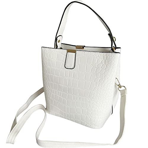 Shunly レディース ショルダーバッグ ハンドバッグ 2Way レザー調 クロコダイル調 光沢 きれいめ 仕切りつき ホワイト 白