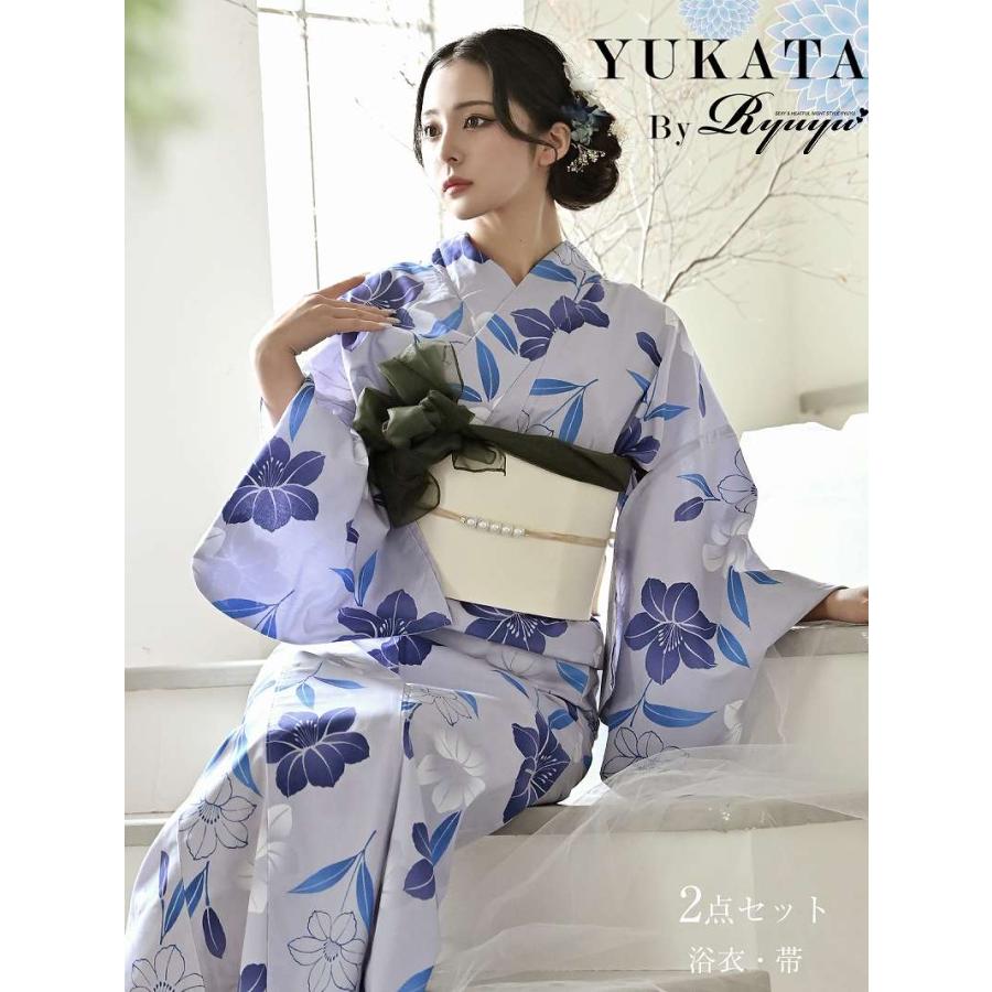 浴衣 セット レディース ゆかた 帯 下駄 キャバ Ryuyu ブルー 百合