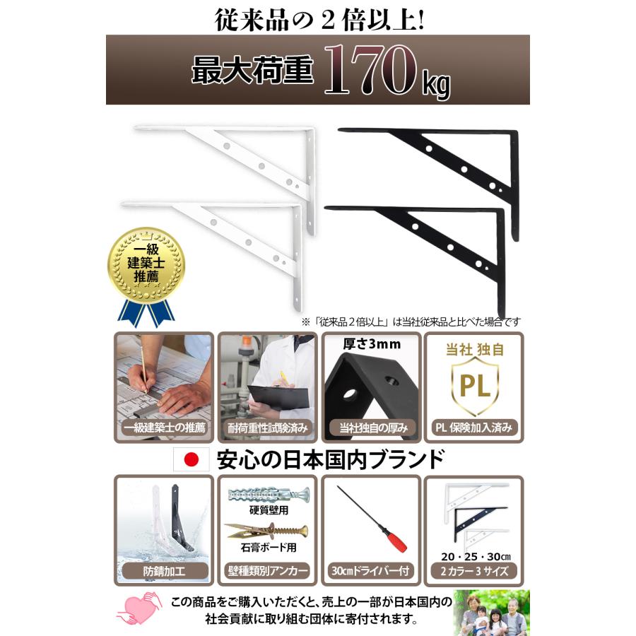 BELSUS URIS 棚受け金具 固定式 30cm 極厚 3mm 一級建築士推薦 生産物保険加入 耐荷重170kg エビデンスあり ネジ一式 壁種類別アンカー ドライバー付き｜belsus｜04