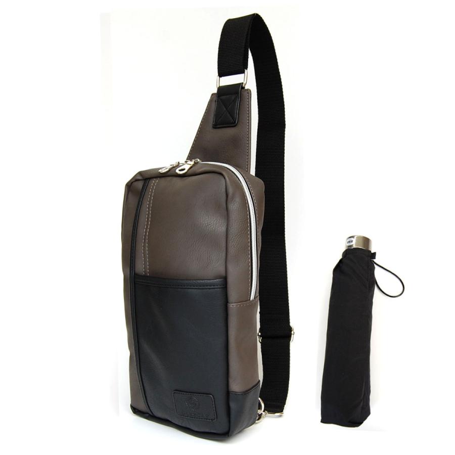 ボディーバッグ メンズ 折りたたみ傘付きボディバッグ フェイクレザー