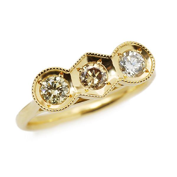 限定1本 K18YG 0.51ct マルチカラーダイヤモンド 3石 リング 11号