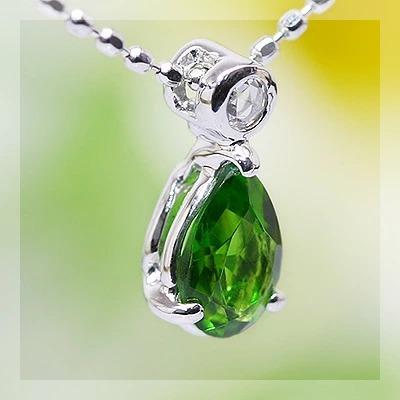 6×4ｍｍ グリーンガーネット ペアシェイプ ローズカットダイヤモンド ペンダント チェーン付　PT900 K18 K10対応の画像