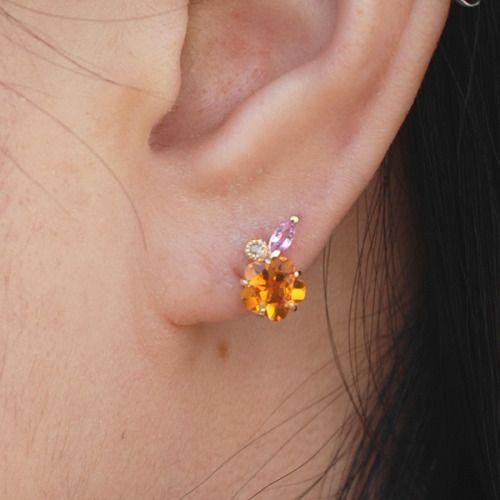 お花シトリン ピンクサファイア ローズカットダイヤモンドピアス PT900 K18 K10対応  誕生石 4月 9月 11月の画像