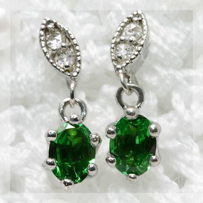 pt900 グリーンガーネット　ダイヤモンドピアス グリーンガーネット ローズカットダイヤモンド リーフ ピアス PT900