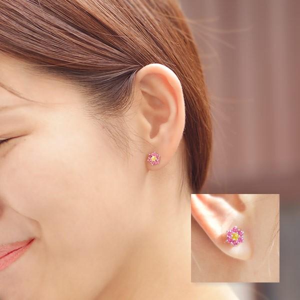 ピンクトルマリン×イエローサファイア フラワーデザインピアス PT900 K18 K10対応 誕生石 9月 10月 春色ピンクの画像