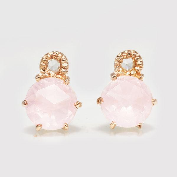 ローズクオーツ ローズカット 裏カット ローズカットダイヤモンド ピアス ソロ２　両耳用 誕生石2月 PT900 K18 K10対応 春色ピンクの画像