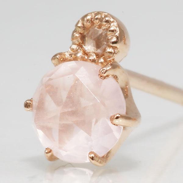 ローズクオーツ ローズカット 裏カット ローズカットダイヤモンド ピアス ソロ２　両耳用 誕生石2月 PT900 K18 K10対応 春色ピンクの画像