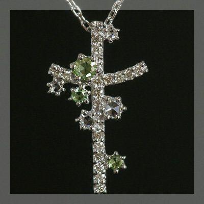 グリーンローズカットダイヤモンドクロスペンダント（チェーン付き  