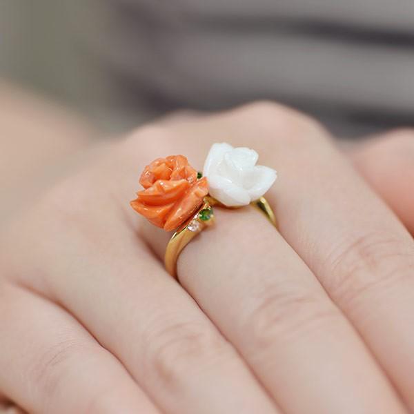 リング 指輪 レディース 桃珊瑚 白珊瑚 グリーンガーネット ローズカットダイヤリング 白バラと紅バラ 誕生石 1月 3月 Tr 1365 Toku B ジュエリー工房ベーネベーネ 通販 Yahoo ショッピング