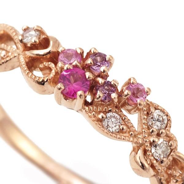 ピンクサファイア ローズカットダイヤ ダイヤモンド リング ボタニカル PT900 K18 K10対応 誕生石 4月 9月 春色ピンクの画像