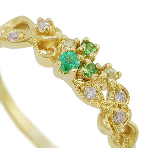 エメラルド ペリドット ローズカットダイヤ ダイヤモンド リング ボタニカル PT900 K18 K10対応 誕生石 4月 5月 8月の画像