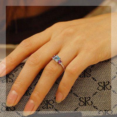 さわやかカラーでクールに ブルートパーズ アメシストリング 誕生石 2月 11月 PT900 K18 K10対応の画像