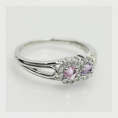 ピンク＆バイオレットサファイア ローズカットダイヤリング ツイン ビューティー 誕生石 4月 9月 PT900 K18 K10対応の画像