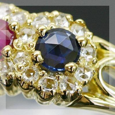 ツイン ビューティー ルビー ブルーサファイア ローズカットダイヤリング 誕生石 4月 7月 9月 PT900 K18 K10対応の画像