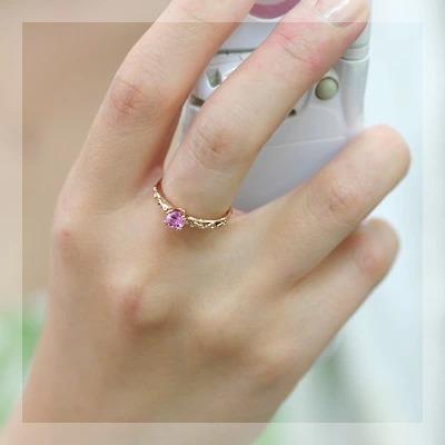 4mm ピンクサファイア ツタの葉 リング 誕生石 9月 PT900 K18 K10対応 春色ピンクの画像