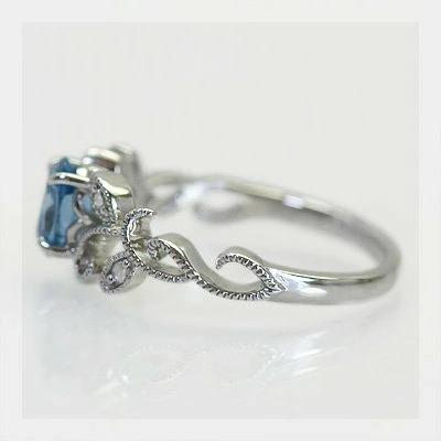 ロンドンブルートパーズ ローズカットダイヤモンド リング ツタの葉ライン PT900 K18 K10対応 誕生石 4月 11月の画像