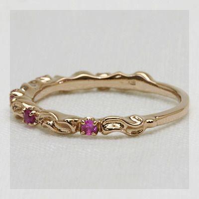 ピンクサファイアツタの葉シルエットリング PT900 K18 K10対応 誕生石 9月 春色ピンクの画像