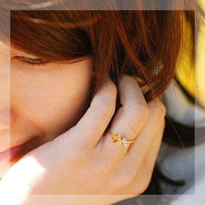 お花シトリン ピンクサファイア タンザナイト ローズカットダイヤモンド リング PT900 K18 K10対応  誕生石 4月 9月 11月 12月の画像