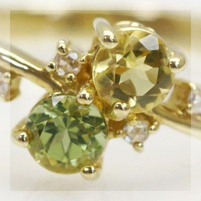 イエローベリル ペリドット ローズカットダイヤモンドリング 誕生石 4月 8月 PT900 K18 K10対応の画像