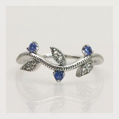 ブルーサファイア ドロップリーフライン”リング 誕生石 9月 PT900 K18 K10対応