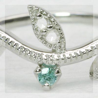 パライバトルマリン ローズカットダイヤモンド リーフ・ラインリング