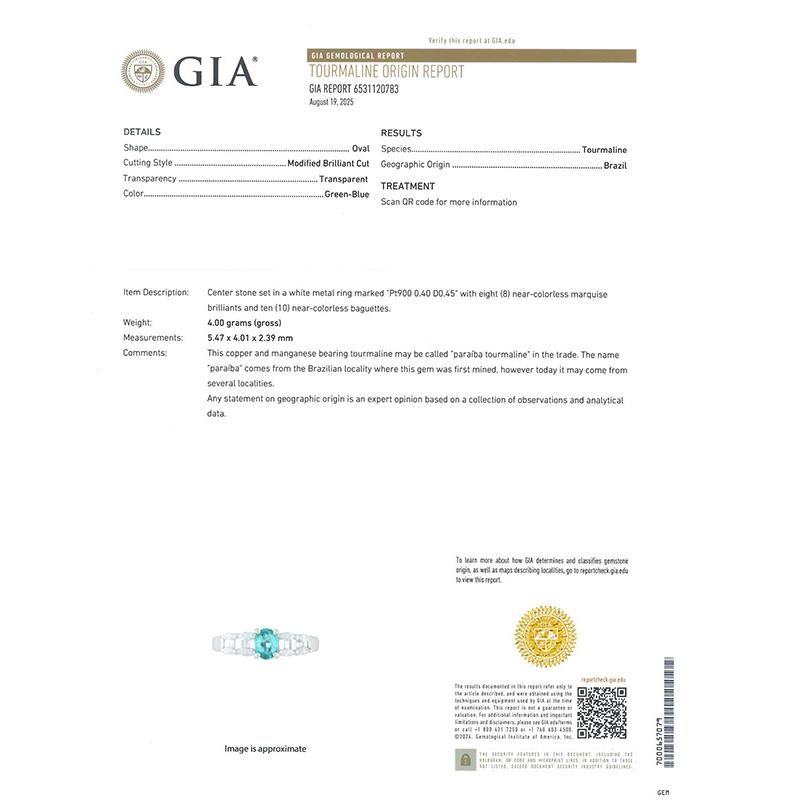 限定1本 PT900 鑑別書付 0.4ct ブラジル産パライバトルマリン 0.45ct