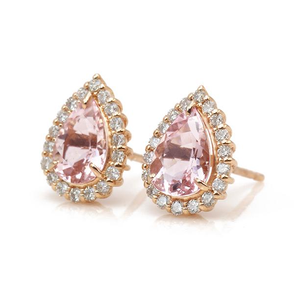 限定１ペア K18PG 1.38ct モルガナイト ペアシェイプ 0.22ct ダイヤモンド ピアス 誕生石4月の画像