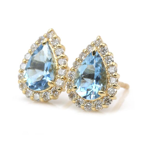 限定１ペア K18YG 0.68ct アクアマリン ペアシェイプ 0.2ct ダイヤモンド ピアス 誕生石3月の画像