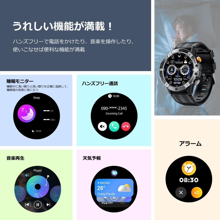 2025新登場 スマートウォッチ 1.52インチ大画面 軍用規格 Bluetooth5.3