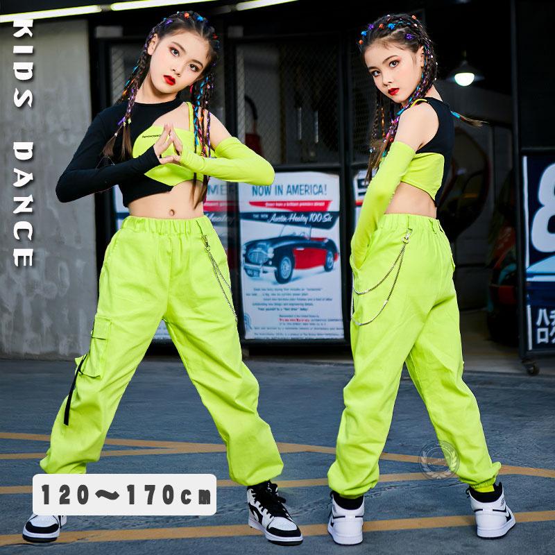 キッズダンス衣装 へそ出し セットアップ ジャズ ヒップホップ ガールズ ヒップホップ ダンス衣装 トップス 蛍光色パンツ K Pop 練習服 韓国 白 黒緑 オシャレ ベビー キッズ マタニティ