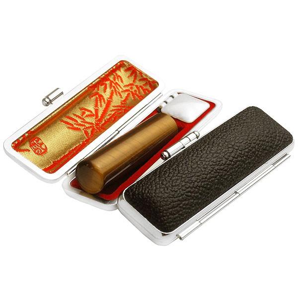 印鑑 はんこ セット タイガーアイ 茶虎目石 縦目 18mm 実印 黒色 牛もみ