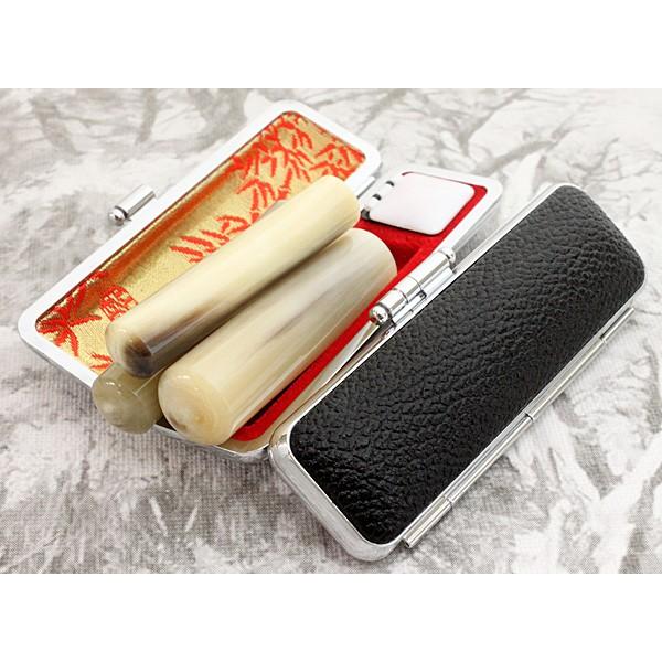 印鑑 はんこ ３本セット 牛角 色 10.5mm 認印 と 13.5mm 銀行印 と 15mm 実印 Ｍ セット 黒色 牛革もみ ケース付き