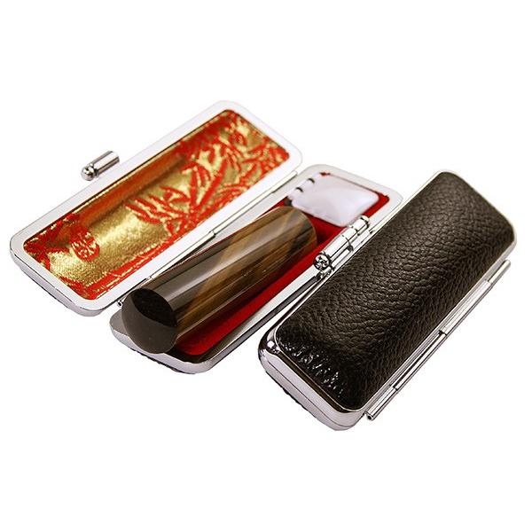 印鑑 はんこ セット タイガーアイ 茶虎目石 斜目 15mm 実印 黒色 牛革もみ ケース付き