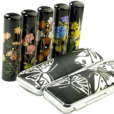 印鑑 はんこ セット 黒水牛印鑑 黒水牛 花蒔絵 15mm 実印 モノトーン蝶 ケース付き