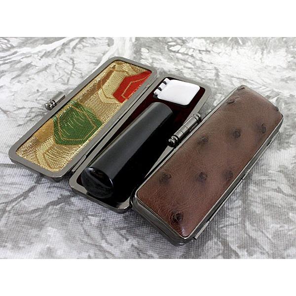 印鑑 はんこ セット 黒水牛印鑑 黒水牛 銀行印 実印 13.5mm または15mmから選択可能 本革オーストリッチ ケース付き ダチョウ革 茶