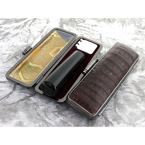 印鑑 はんこ セット 黒水牛印鑑 黒水牛 認印 銀行印 10.5mm または12mmから選択可能 本革カイマンワニ ケース付き ワニ革 茶 つやなし