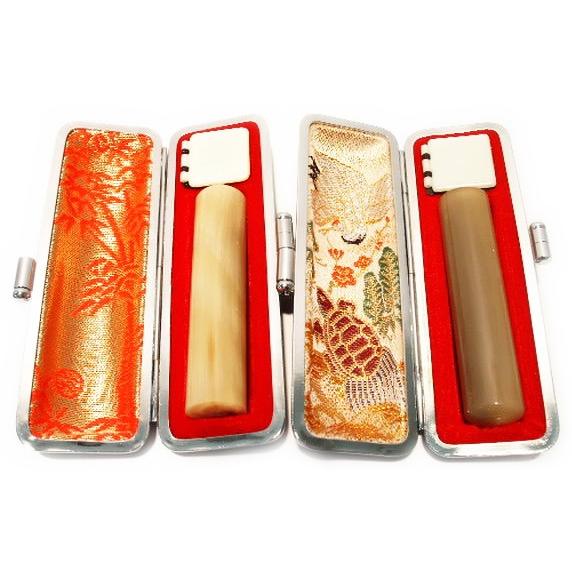 印鑑 はんこ ２本セット 牛角 色 13.5mm 銀行印 と 15mm 実印 Ｍ セット 黒色 牛革もみ ケース付き