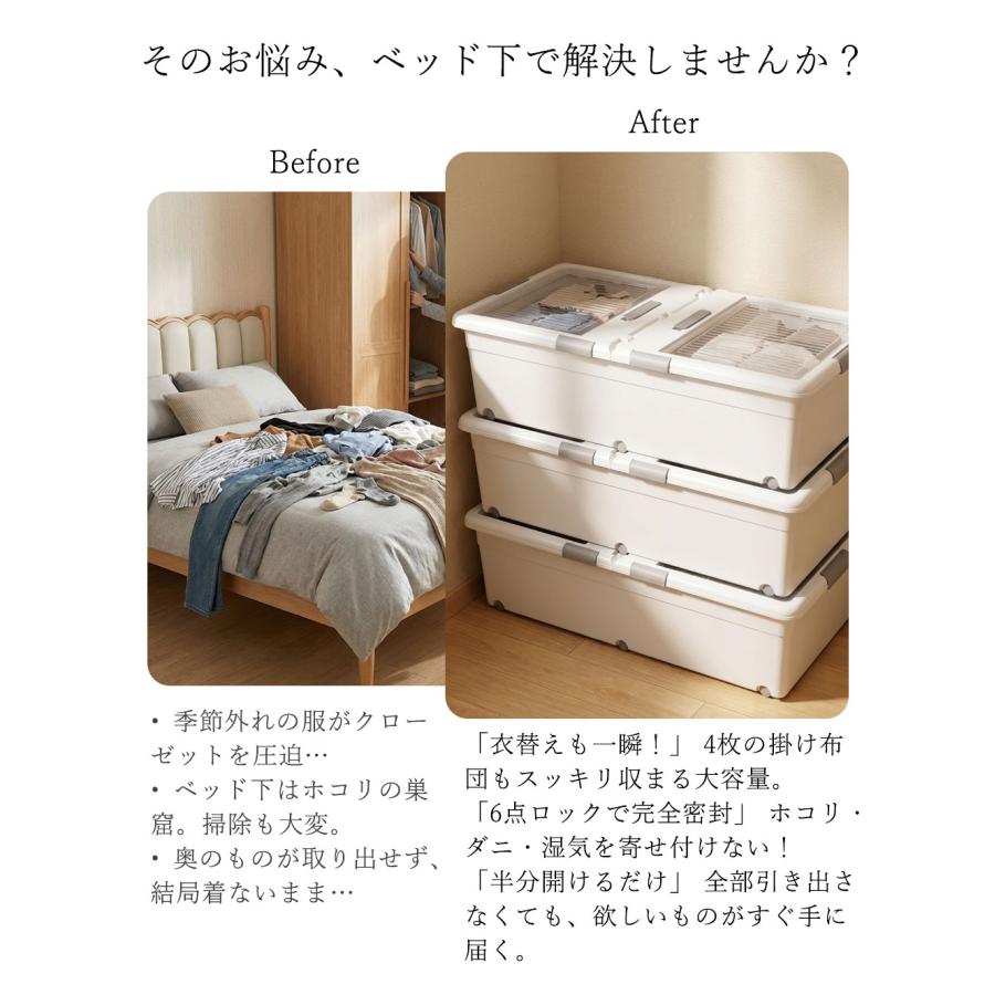 ベッド下収納ボックス 透明蓋付き 引き出し式 キャスター付き 収納