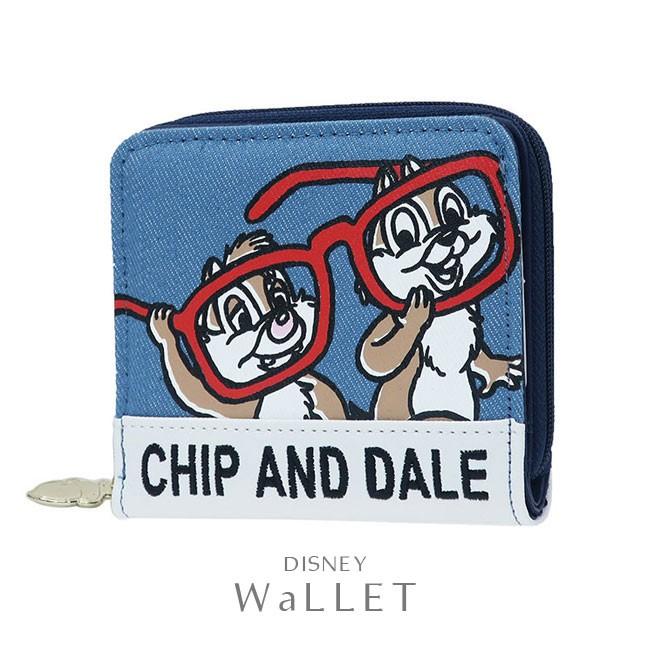 二つ折り財布 デニム レザー チップ＆デール ワッペン ラウンド