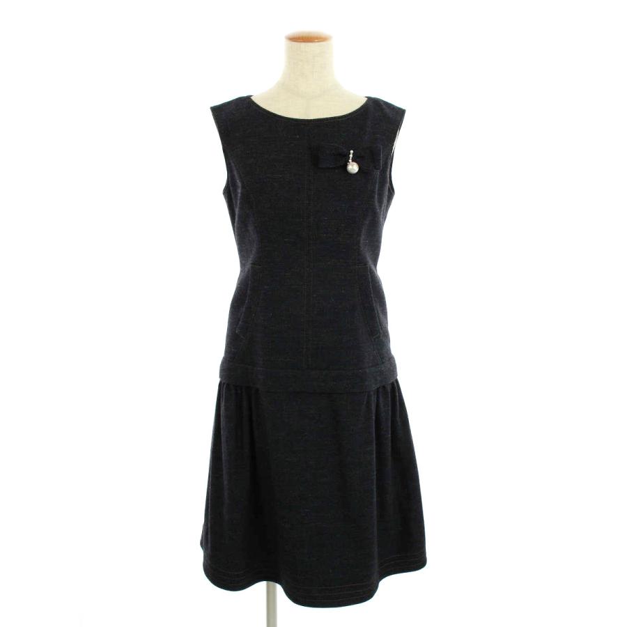ルネ ワンピース ウール デニム パールリボンブローチ付き  