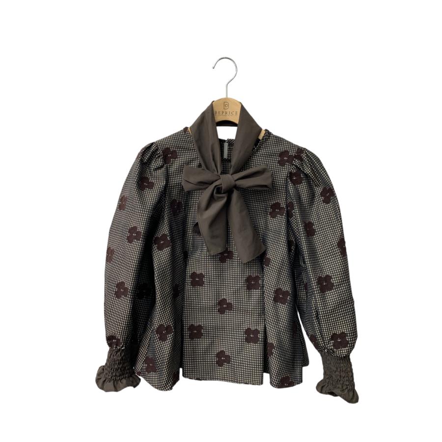 エムズグレイシー　ギンガムチェックxお花柄ブラウス　ブラウン エムズグレイシー 310505 ブラウス 38 ブラウン ギンガムチェック お花