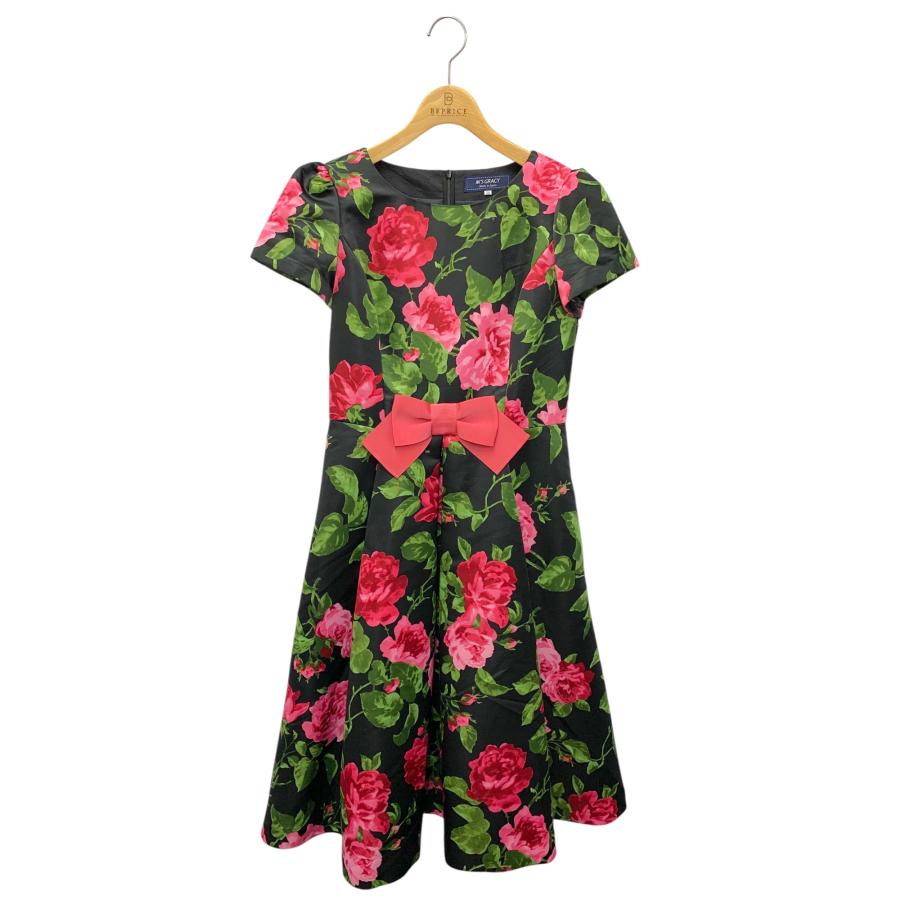 エムズグレイシー 411514 ワンピース 38 ブラック リボン 花柄