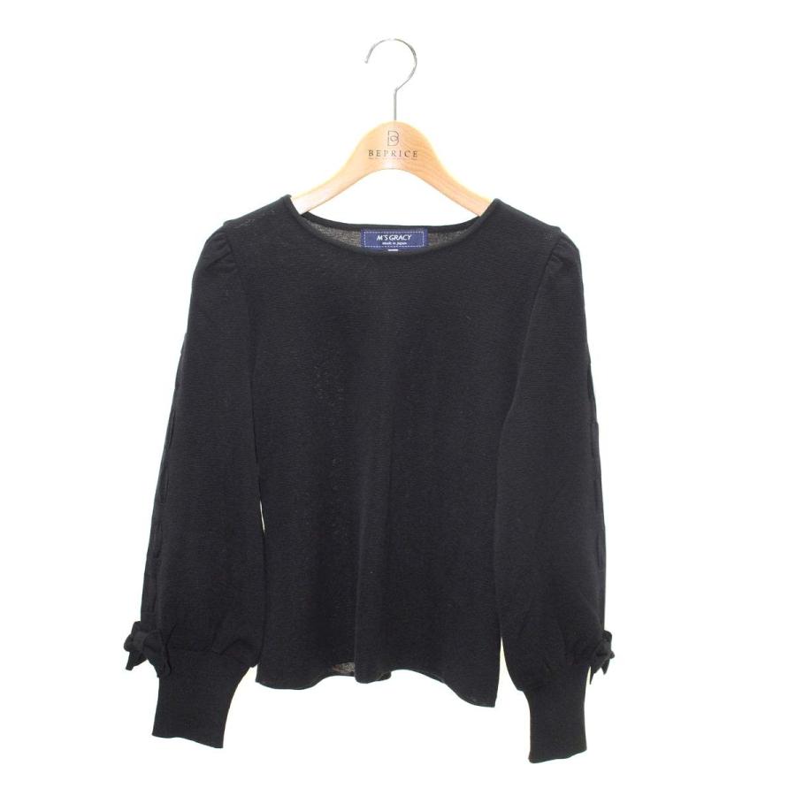 美品M'S GRACYエムズグレイシー☆リボン通し リブニット 38 ブラック エムズグレイシー Sleeve Ribbon Knit 818516 ニット セーター 38