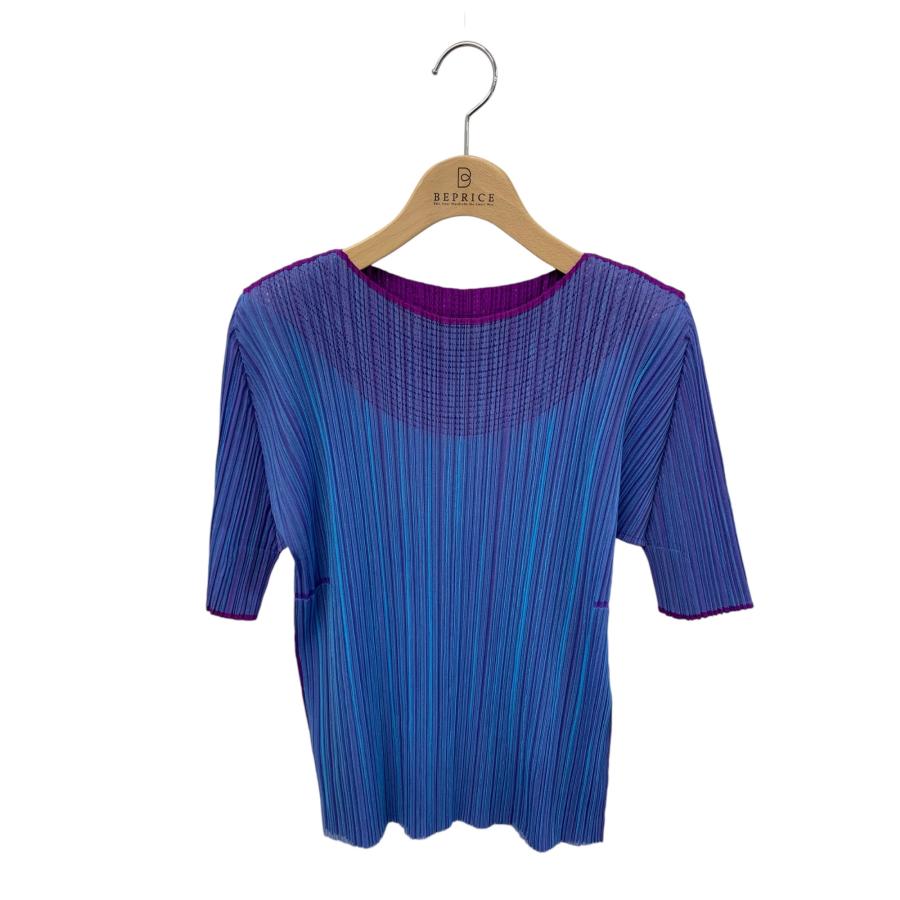 美品【PLEATS PLEASE】イッセイミヤケ 半袖ブラウス 3L ブルー系